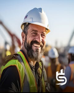 A man with a beard smiling at a construction site wearing a hard hat and safety vest.