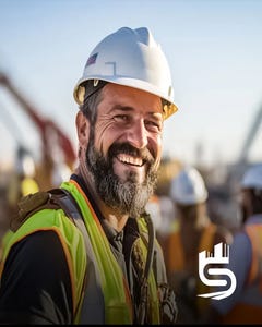 Man with a bear smiling at a construction site wearing a hard hat and safety vest.